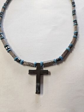 Black Hematite Cross Necklace with Turquoise Hematite And Brown Gemstones Unisex